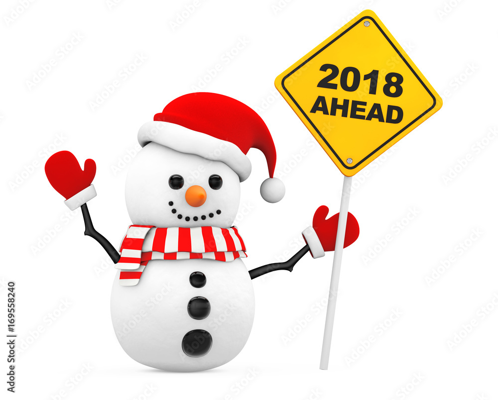 Poster snowman with 2018 new year ahead sign. 3d rendering