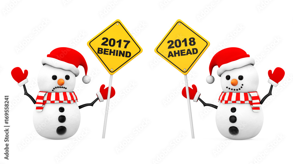 Poster snowmans with 2018 and 2017 year signs. 3d rendering