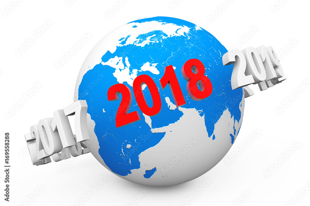 Poster New Year Concept. 3d number 2018 around Earth Globe. 3d Rendering