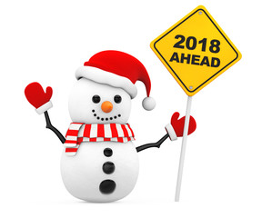 Snowman with 2018 New Year Ahead Sign. 3d Rendering