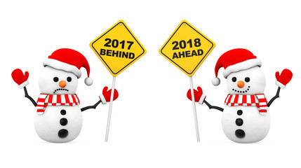 Snowmans with 2018 and 2017 Year Signs. 3d Rendering