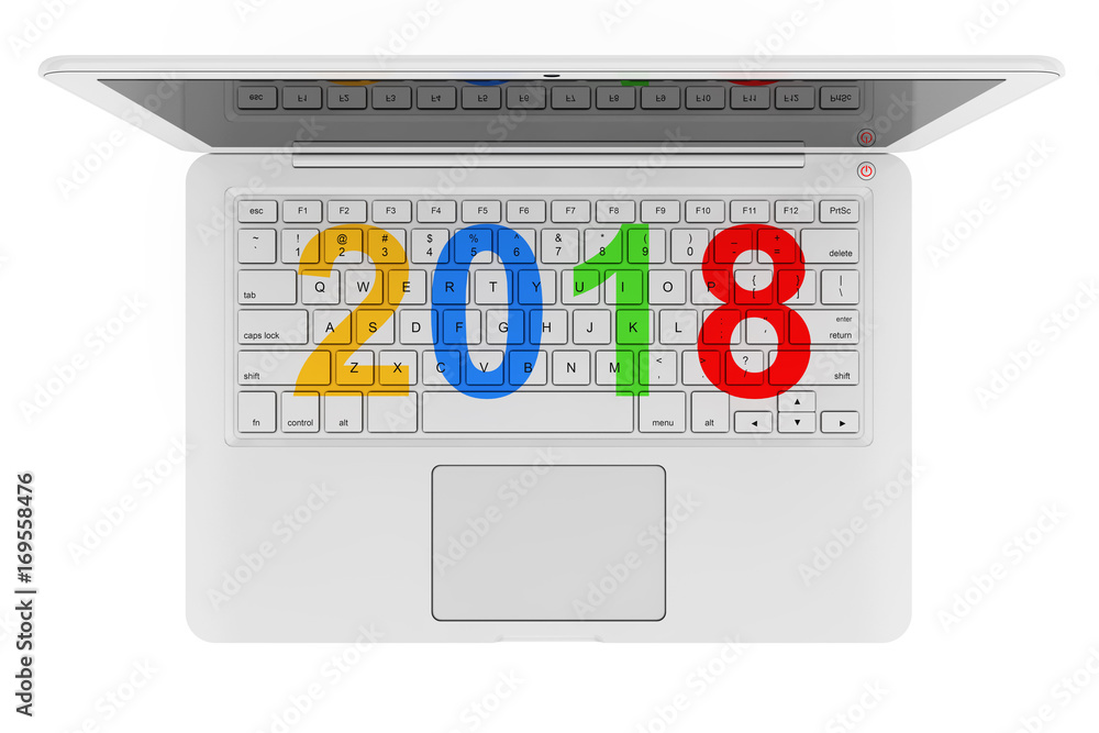 Poster white laptop with 2018 new year sign. 3d rendering