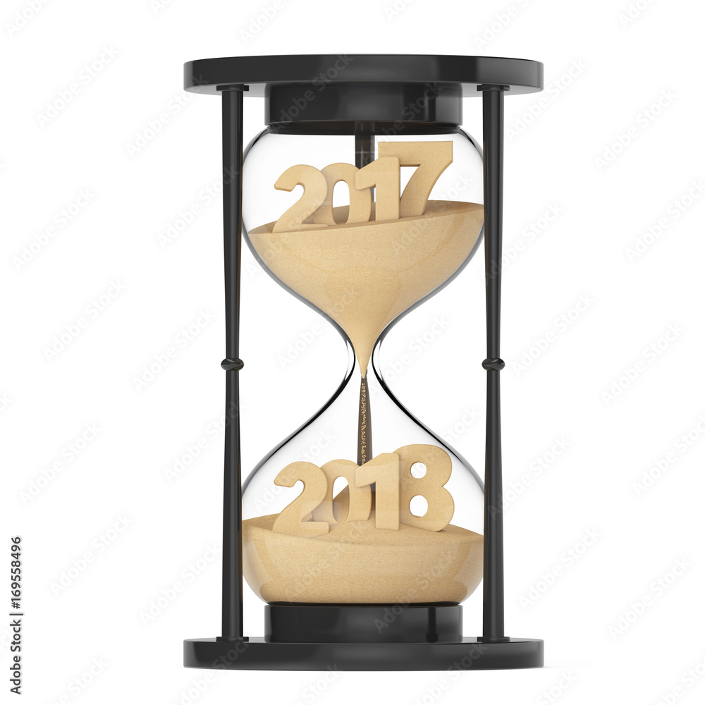 Poster new 2018 year concept. sand falling in hourglass taking the shape from 2017 to 2018. 3d rendering