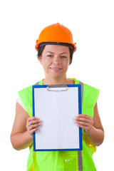 Attractive Woman Worker in Safety Jacket and Yellow Helmet Holding Clipboard with Blank Paper