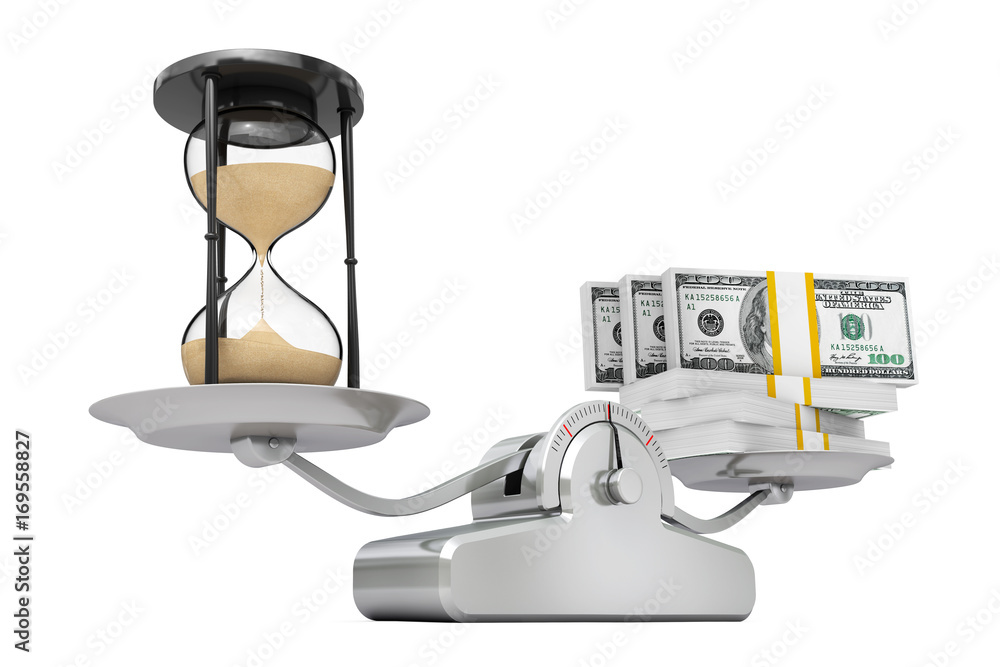 Poster Sand Hourglass with Money Balancing on a Simple Weighting Scale. 3d Rendering