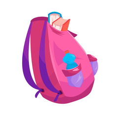 A pink backpack from which textbooks stick out and from a side pocket a bottle of water