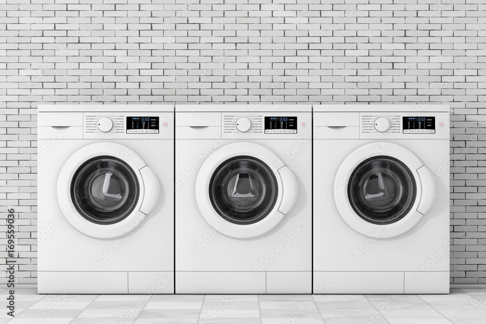 Aufkleber row of modern washing machines. 3d rendering