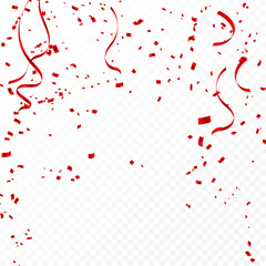 Celebration background template with confetti and red ribbons. Vector illustration