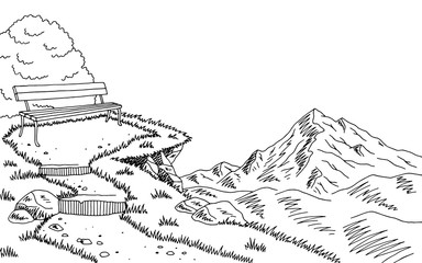 Mountain park graphic black white bench lamp landscape sketch illustration vector
