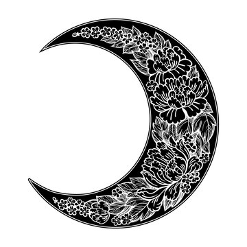 Beautiful romantic crescent moon with rose or peony flowers.