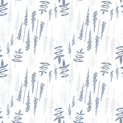 Floral vector seamless pattern with hand drawn wild meadow flowers and leaves.