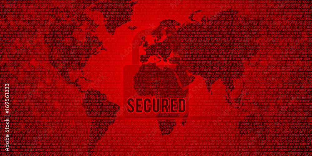 Poster binary code on world map secured background wallpaper. red