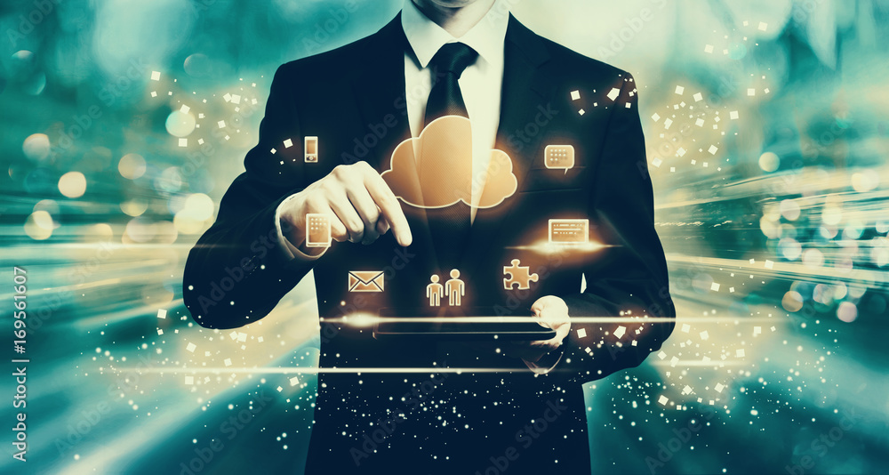 Aufkleber cloud computing with man holding a tablet computer