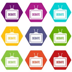 TV with the Debate inscription icon set color hexahedron