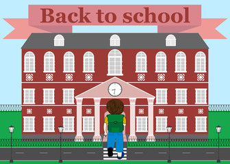 Schoolboy goes to school. Vector illustration back to school.