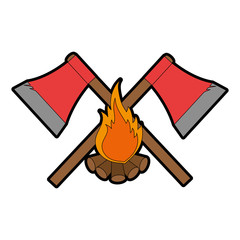 emblem with axs and campfire icon over white background vector illustration