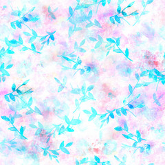 Teal branches on pink watercolor texture, abstract seamless patt
