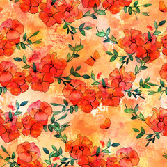 Seamless pattern of abstract watercolor butterflies and flowers