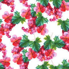 Seamless pattern with watercolor grape vine and rose