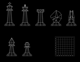 Chess pieces. Isolated on black background. Vector outline illustration.