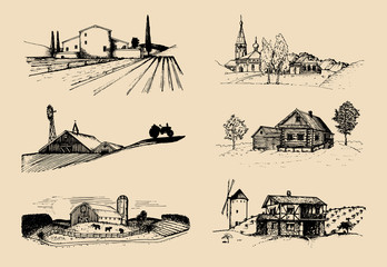 Vector farm landscapes illustrations set. Sketches of villa, homestead in fields and hills. Russian countryside. - obrazy, fototapety, plakaty