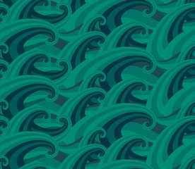Sea waves seamless pattern, in green colors