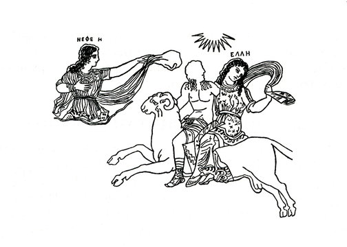 Phrixus and Helle flying on a ram with golden wool (left - Nephele, goddess of clouds, his mother)