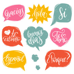 Vector calligraphic set of spanish translation of Thank You, Good Day etc. Common words hand lettering in speech bubbles © vladayoung