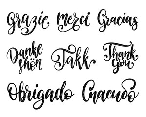 Vector calligraphy set of different languages translation of Thank You.Hand lettering of international thankfulness word