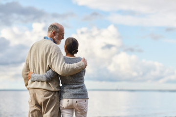 Obraz premium Embracing seniors having talk by seaside during vacation on summer resort