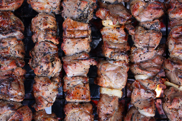 Close-up of a barbecue roasting on a hot grill 