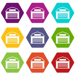 Industrial building icon set color hexahedron