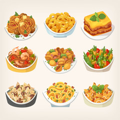 Set of many kinds of tasty colorful pasta dishes cooked with different sauces. Variety of pasta meals. Isolated vector illustrations.