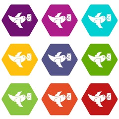 Pigeon fly with mail icon set color hexahedron