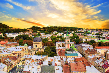 Beautiful view of the Dominican Cathedral, the Assumption Church and the historic center of Lviv, Ukraine, on a sunny day - obrazy, fototapety, plakaty
