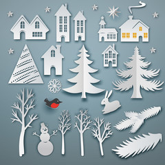 Christmas paper art elements set. Vector icon illustration. White paper cut layers. Winter with house, trees, hare, star, bulfinch, snowman and christmas tree. Holidays symbols for retro design