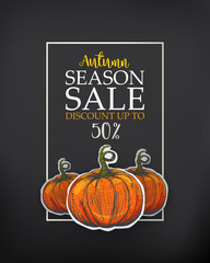 Black Poster for season sale. Autumn sale poster with the decor of paper cut pumpkins. The fall sale with sketches. Engraving retro vector illustration.