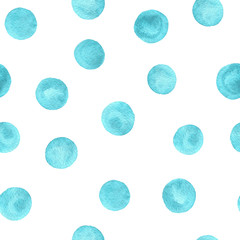 Hand painted watercolor blue turquoise circles seamless pattern on the white background. Polka dot design.