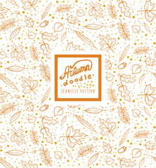 autumn leaves doodle seamless pattern on white background