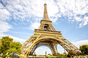 Fototapeta na wymiar Close-up view from below on the Eiffel tower in Paris