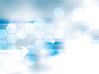 Blue blurred abstract background. Hexagons desing, arrows and rectangles shapes and technology symbols. Background with concept of technology, motion and communication, innovation and new business.
