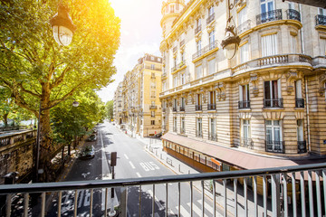 View from the old iron bridge on the beautiful buildings in Paris