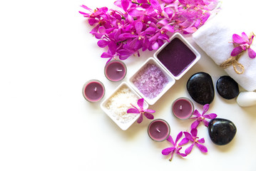 Obraz na płótnie Canvas Thai Spa Treatments aroma therapy salt and sugar scrub and rock massage with orchid flower on wooden white. Healthy Concept. copy space,select and soft focus