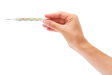 mercury thermometer in hand isolated on white background