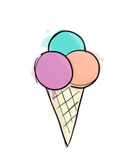 Ice-cream cone watercolor hand drawn illustration. Isolated on white background.