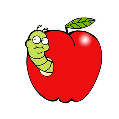 Funny illustration of a worm coming out of an apple