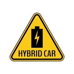 Hybrid car caution sticker. Save energy automobile warning sign. Charging battery icon in yellow and black triangle.