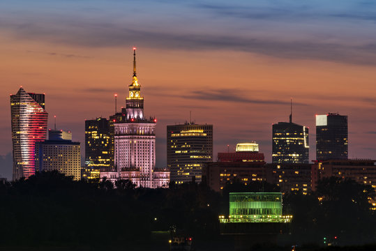 Fototapeta Warsaw city downtown night view