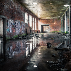 An abandoned industrial interior in dark colors