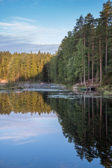 Tranquil morning view with pier and lake at early morning in Nuuksio National Park, Finland